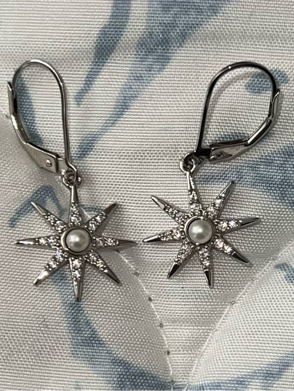 Diamonique Silver Starburst Pearl Drop Earrings with simulated Diamond Accents